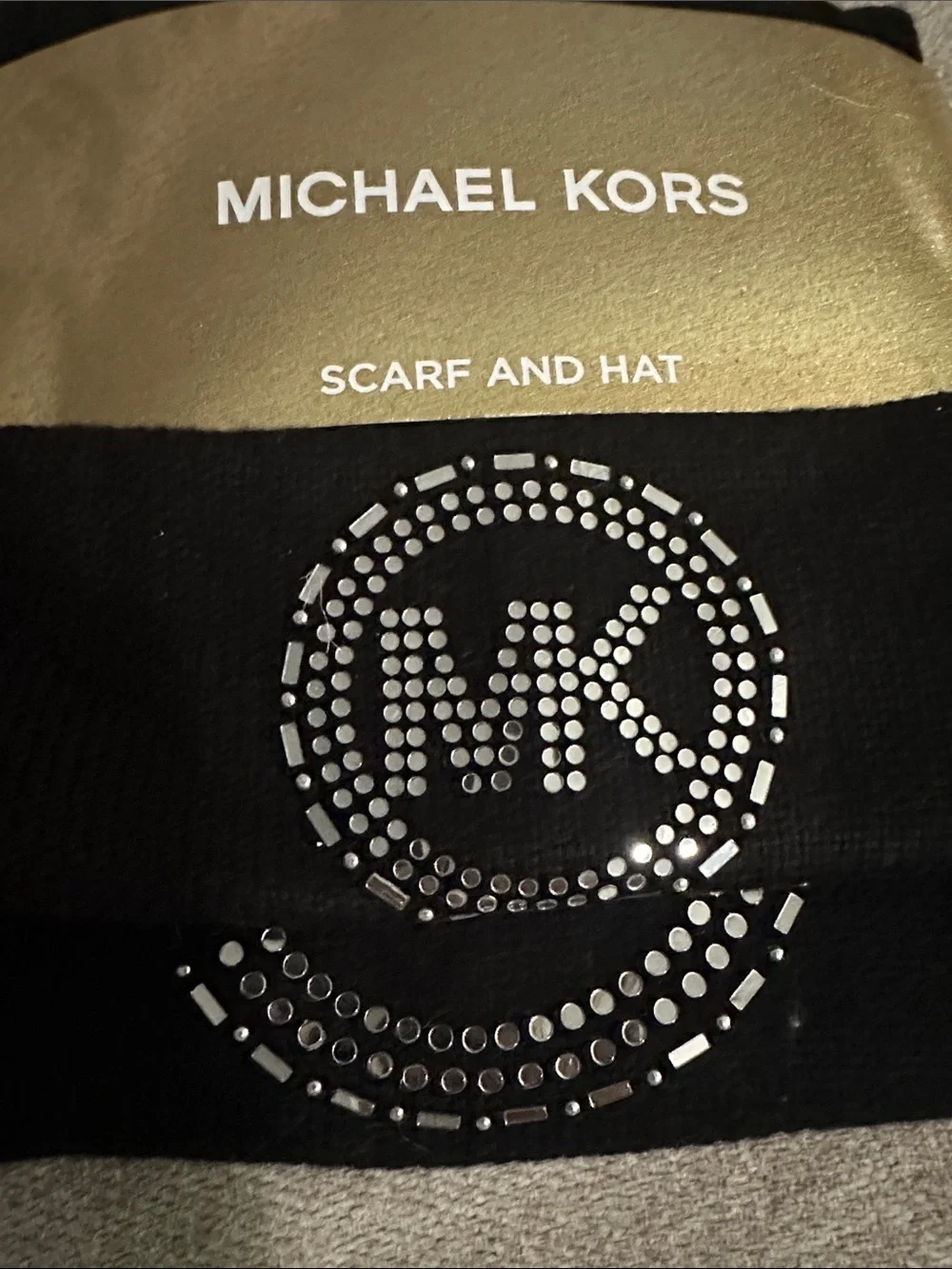 Michael Kors Black Scarf and Hat Set with Silver MK Crystal Logo